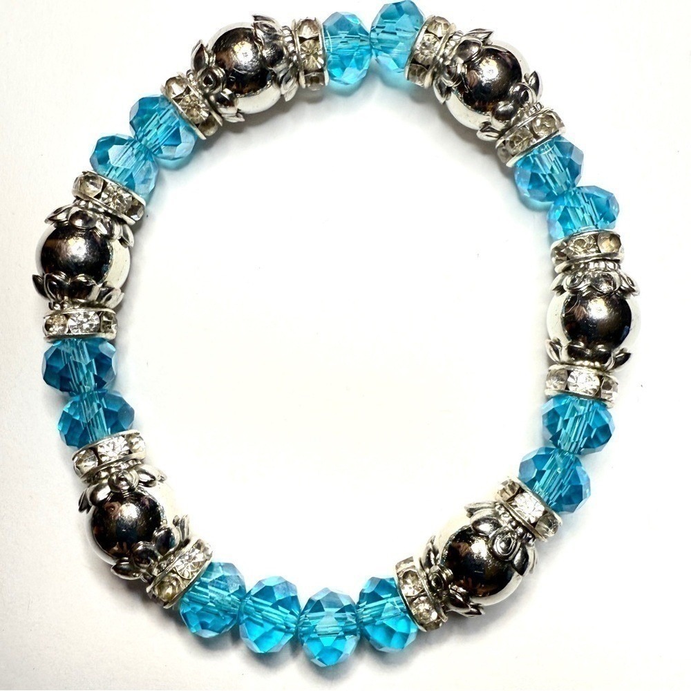 Faceted Aqua Blue Silvertone Bracelet‎ Beaded Rhinestone Spacers Stretch Jewelry